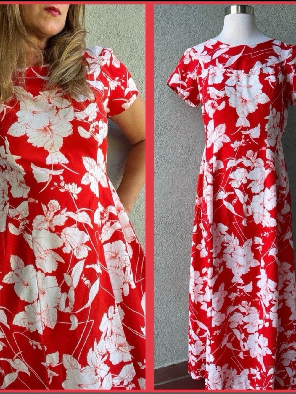VTG 1970s Fashions by Loke Honolulu Red White Floral Hawaiian Maxi Dress VTG 10